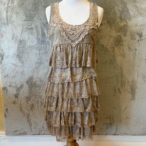 Boho Bohemian Flapper 1920s Lace Tiered Sleeveless Dress Sz M